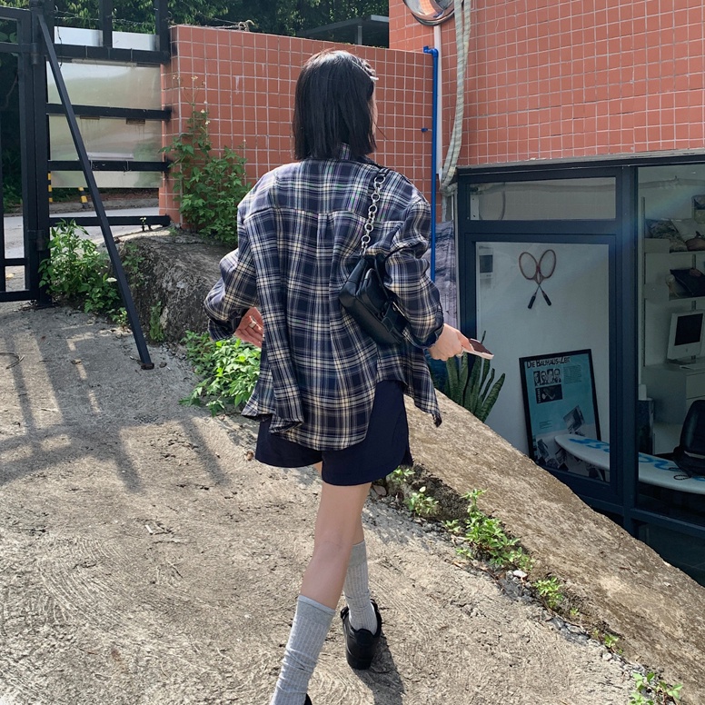 SUXI Áo Sơ Mi Caro Tay Dài Dáng Rộng Trẻ Trung Phong Cách Vintage Hàn Quốc