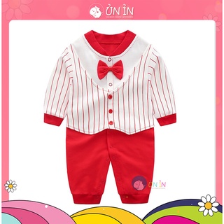 Jumpsuit cotton kiểu vest sọc nơ đỏ cho bé trai s245