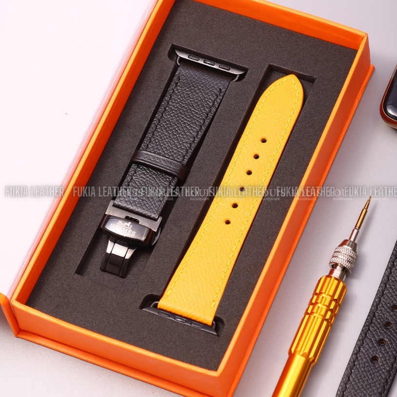 Dây da thủ công Epsom Đen mix vàng dành cho Apple Watch Series 1/2/3/4/5/6/7/SE, đồng hồ thông minh, đồng hồ cơ DDTC175