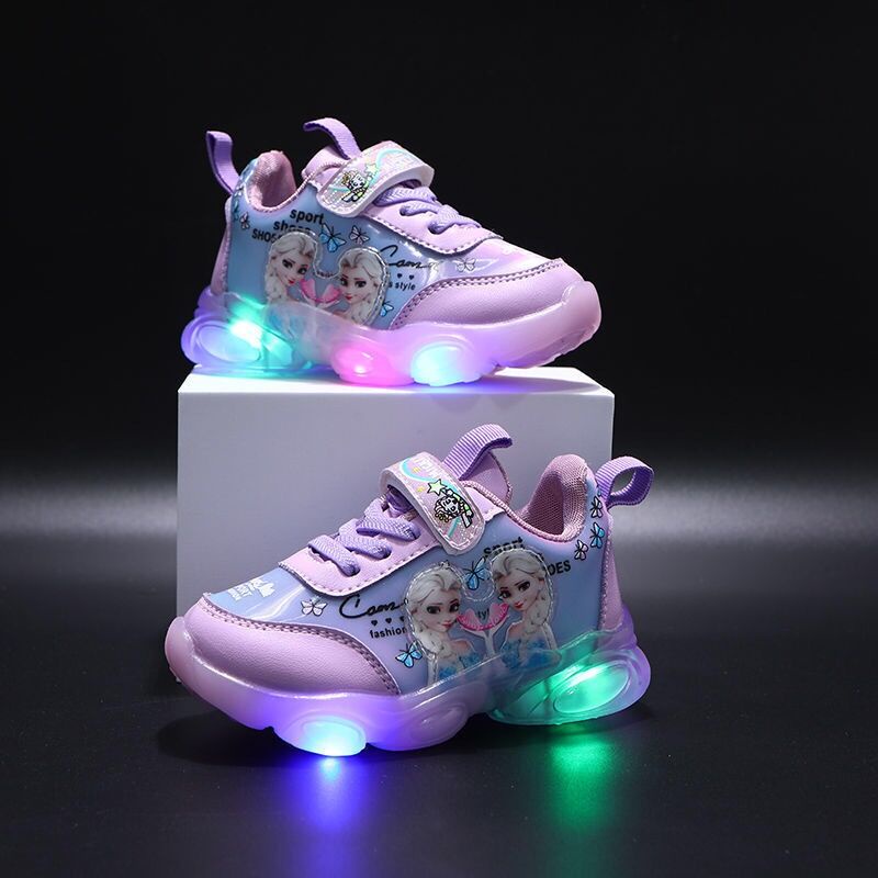 Giày Thể Thao Bằng Da Có Đèn LED Phát Sáng Phong Cách Công Chúa Elsa Dành Cho Bé Gái Size 22-31
