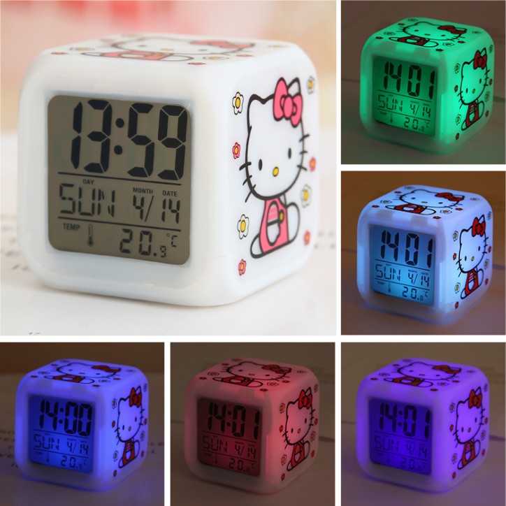Đồng hồ báo thức XIAODUOJIAJU điện tử có đèn led dạng vuông hình mèo Hello Kitty
