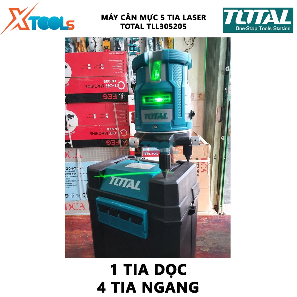 Máy cân mực 5 tia laser màu xanh TOTAL TLL305205 | Máy đo mức cân bằng 5 tia laser Phạm vi làm việc 0 ~ 20 m 1 tia ngang