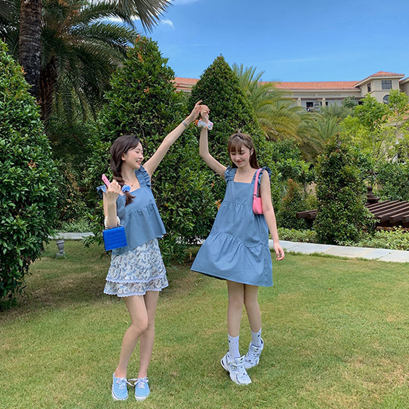 Đầm hai dây màu sắc trơn phong cách Hàn Quốc