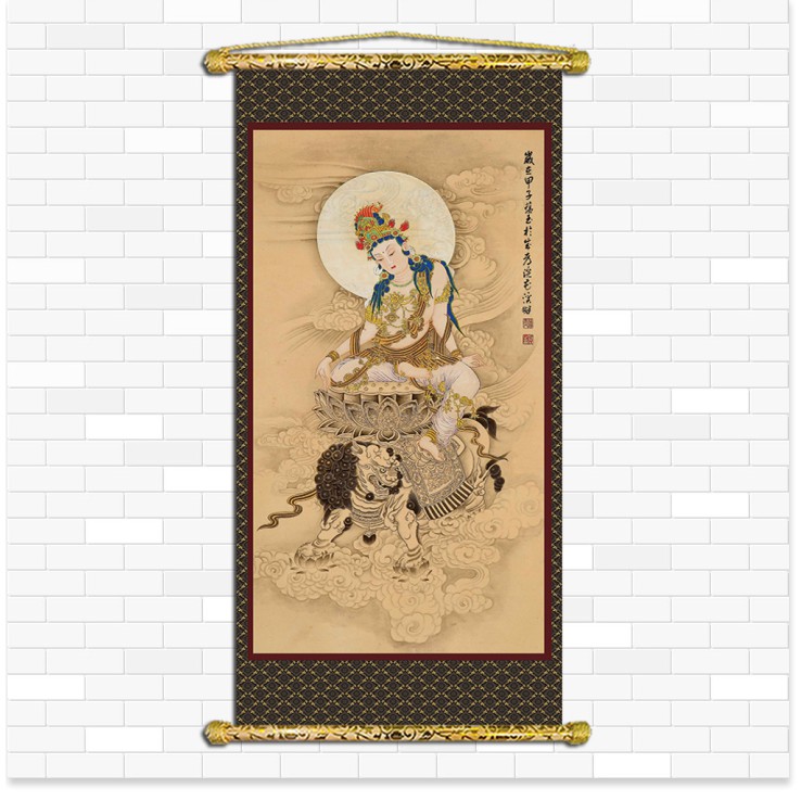 Tranh Liễn Phật Giáo - Quan Thế Âm Bồ Tát – Vải canvas kim tuyến nẹp sáo gỗ tự nhiên nhiều size nhiều mẫu thiết kế