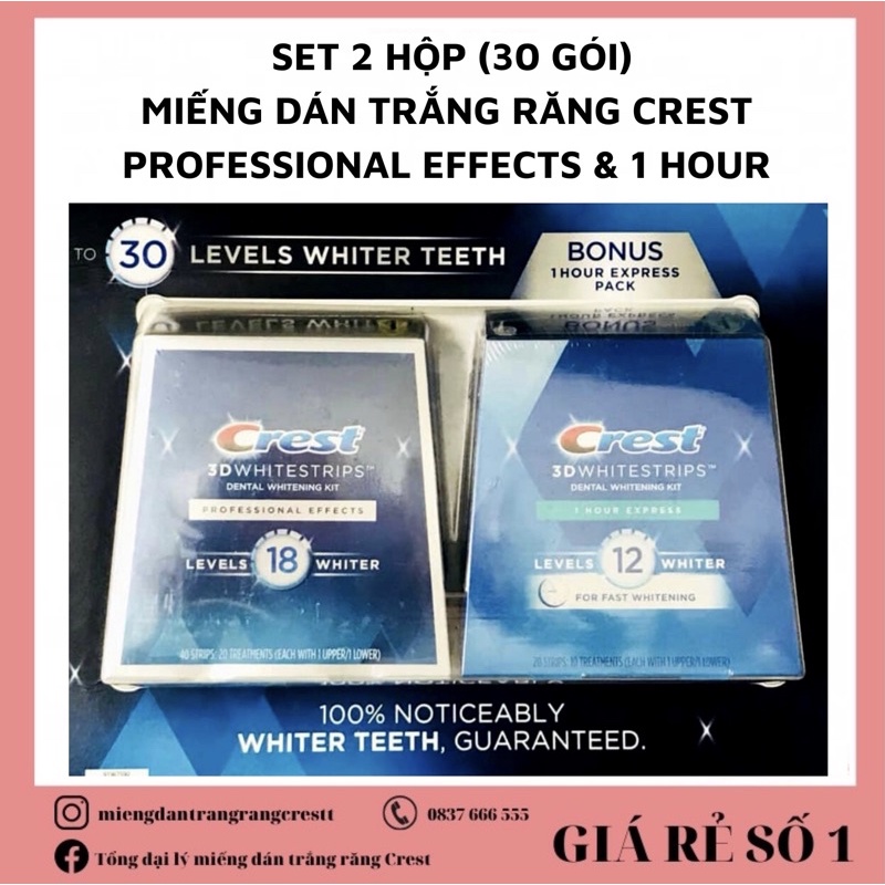 Set 2 Hộp Miếng dán trắng răng Crest 3D White Professional Effects &amp; 1 Hour - 30 GÓI CHÍNH HÃNG