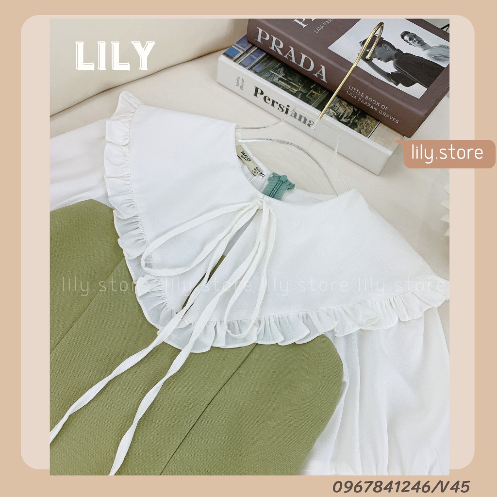 Váy nữ phối cổ tay trắng tiểu thư, Đầm nữ thiết kế phối cổ bèo buộc nơ đủ 3 màu đen, xanh, be size S,M,L V45 LILY