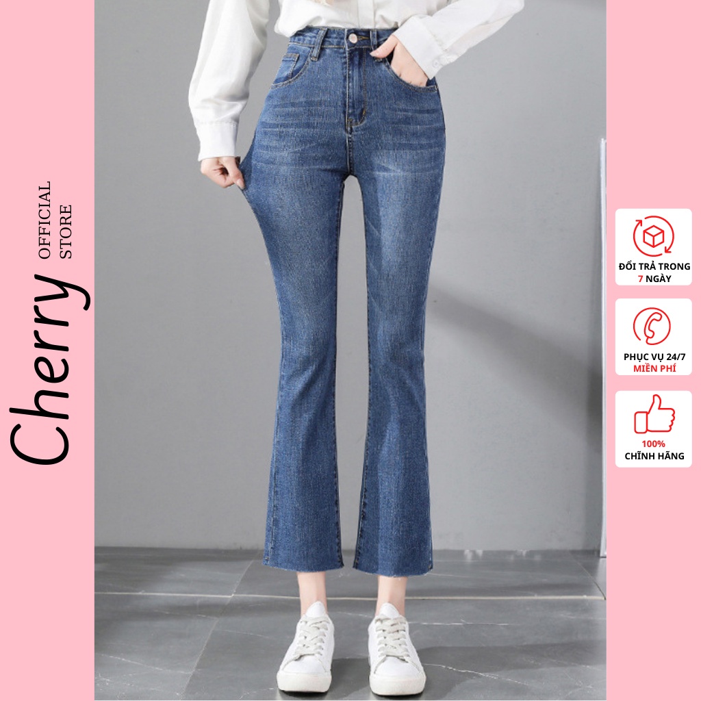 ۞❡Quần jean nữ ống loe lửng lưng cao co giãn phong cách Hàn Quốc, bò cạp chất xịn cấp CHERRY T025