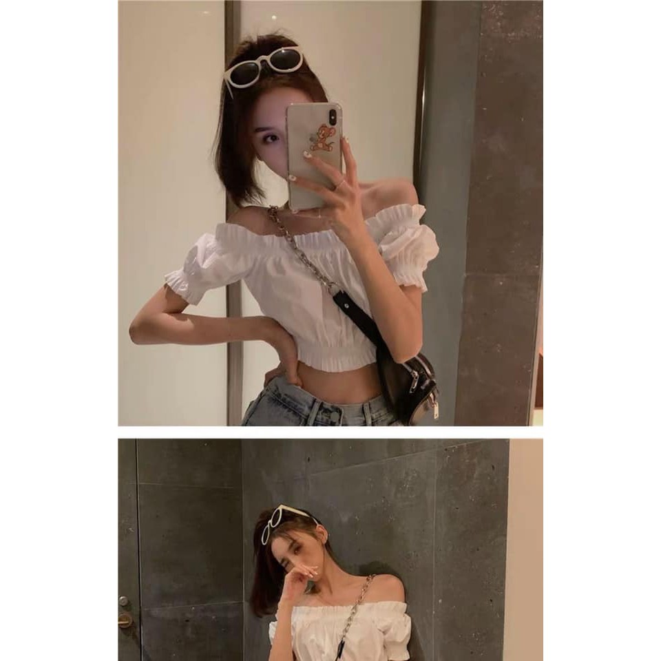 [Croptop] Áo croptop trễ vai bo rúm siêu hot trend