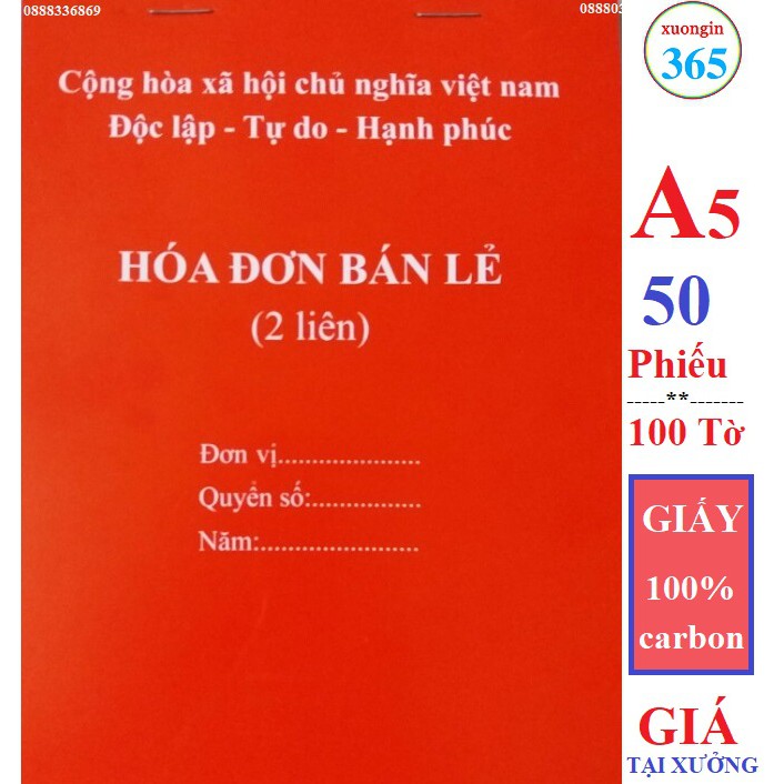 Quyển hóa đơn bán lẻ 2 liên A4 - A5 quy cách (60 tờ - 100 tờ) chất liệu giấy carbon đẹp.