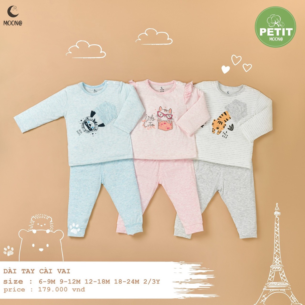 Bộ quần áo dài tay cho bé hãng Moon chất petit mềm mịn an toàn cho bé