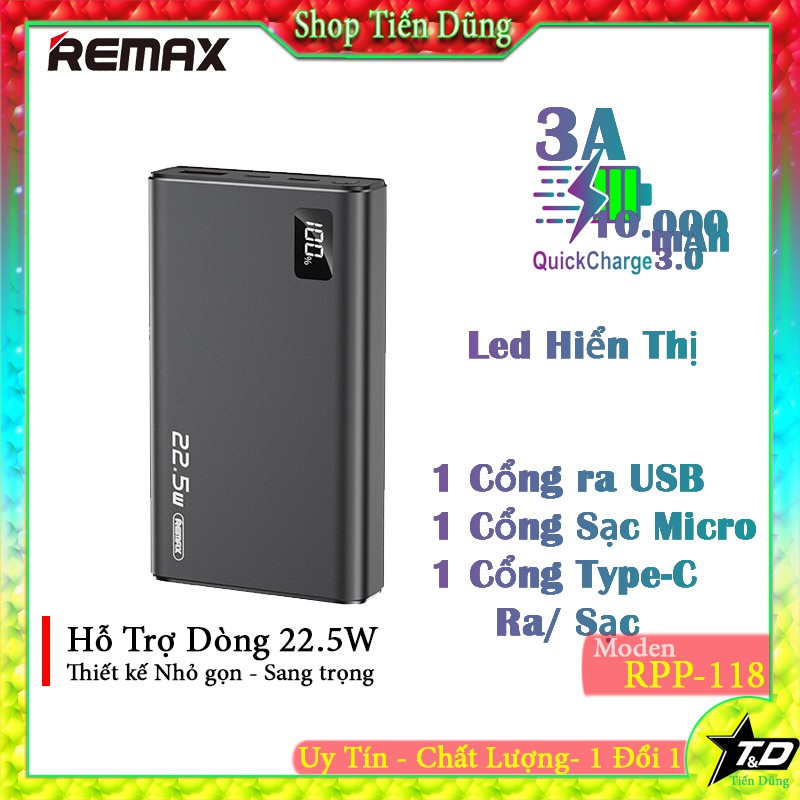 Pin sạc dự phòng remax RPP 118 sạc nhanh 22,5W dung lượng 10.000mAh đèn hiển thị pin