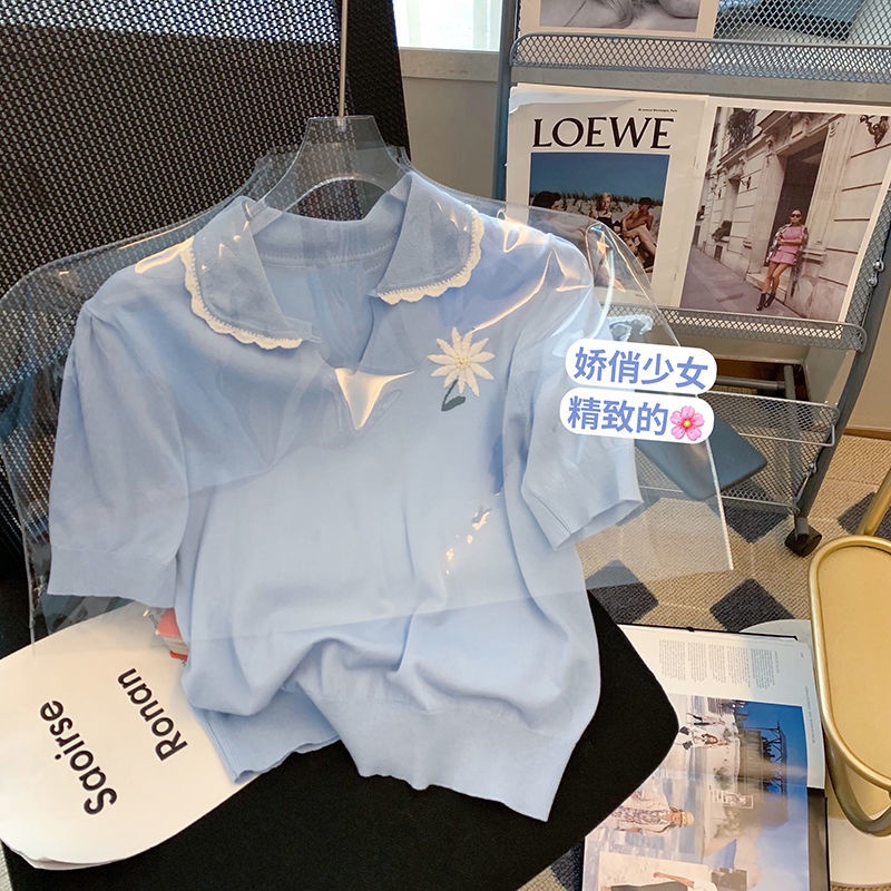 Áo Sweater Dệt Kim Tay Ngắn Cổ Búp Bê Thêu Hình Hoa Cúc Màu Xanh Dương Thời Trang Mùa Xuân Hàng Mới Dành Cho Bạn Nữ