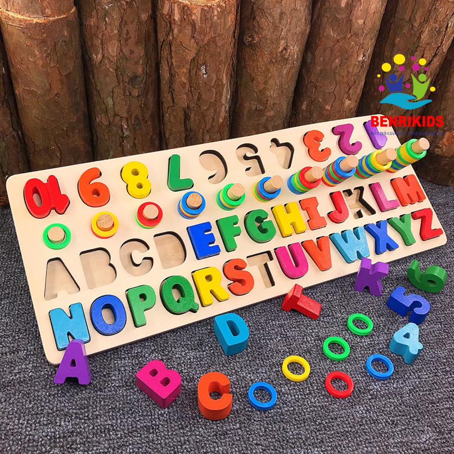 Giáo cụ Montessori bộ ghép số thả cọc học đếm và ghép chữ cái Tiếng Anh in hoa