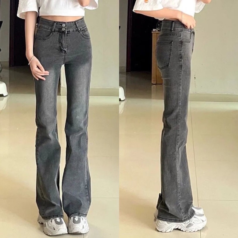Quần Jean Ống Loe Nhẹ Mẫu Mới 2 Cúc Phối Màu Độc Đáo Phong Cách Retro Cá Tính