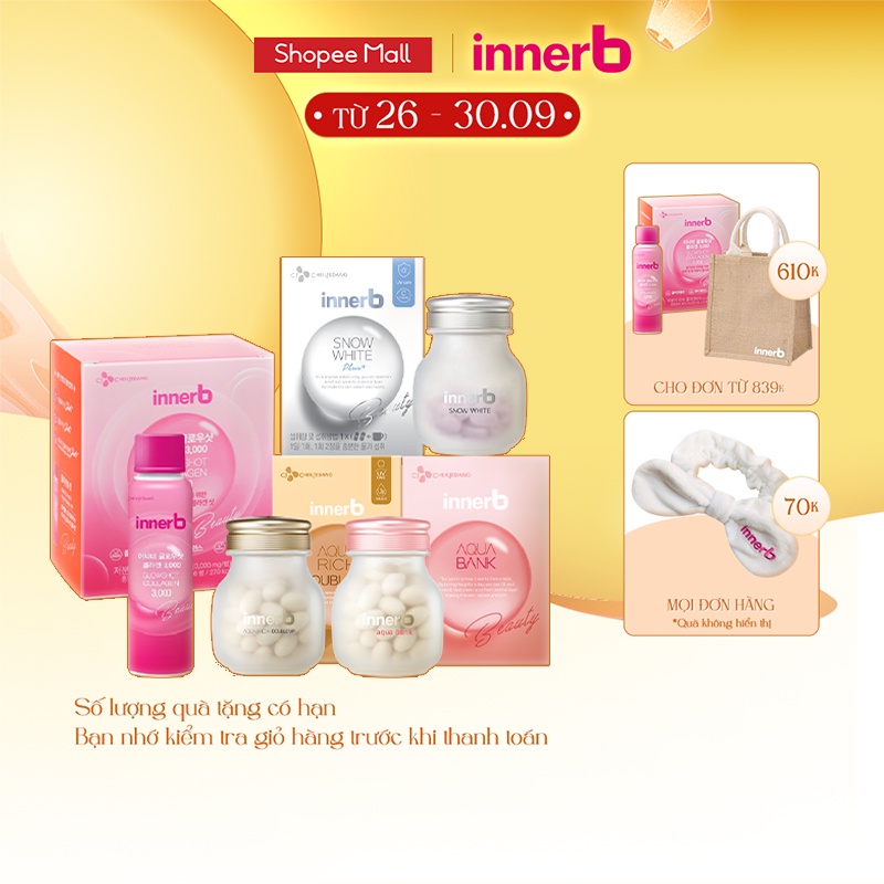 Combo InnerB Aqua Rich Doubleup, InnerB Snow White, InnerB Aqua Bank và Nước uống Collagen InnerB Glowshot