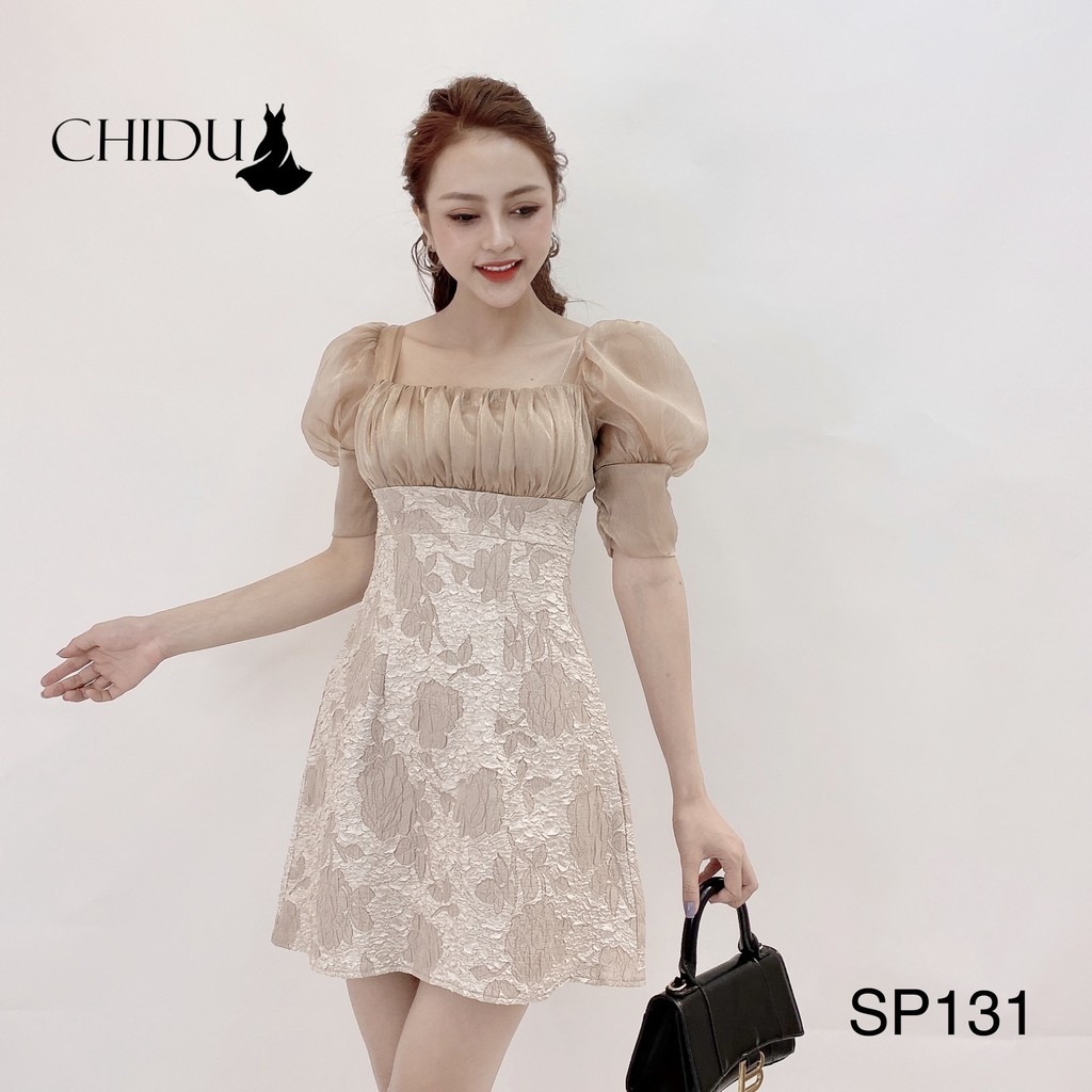 [Mã WARN60 hoàn 15% xu đơn 300k] CHIDU Váy công sở chun ngực tôn dáng, váy xoè gấm pha tơ tay bồng nữ tính SP131 | BigBuy360 - bigbuy360.vn