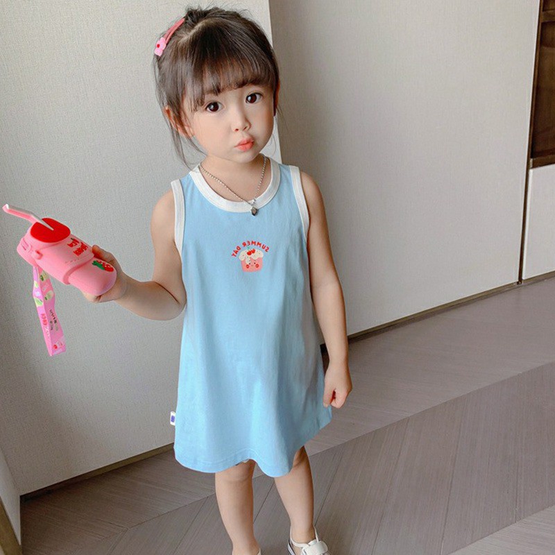 Đầm không tay in họa tiết hoạt hình phong cách Hàn Quốc cho bé gái