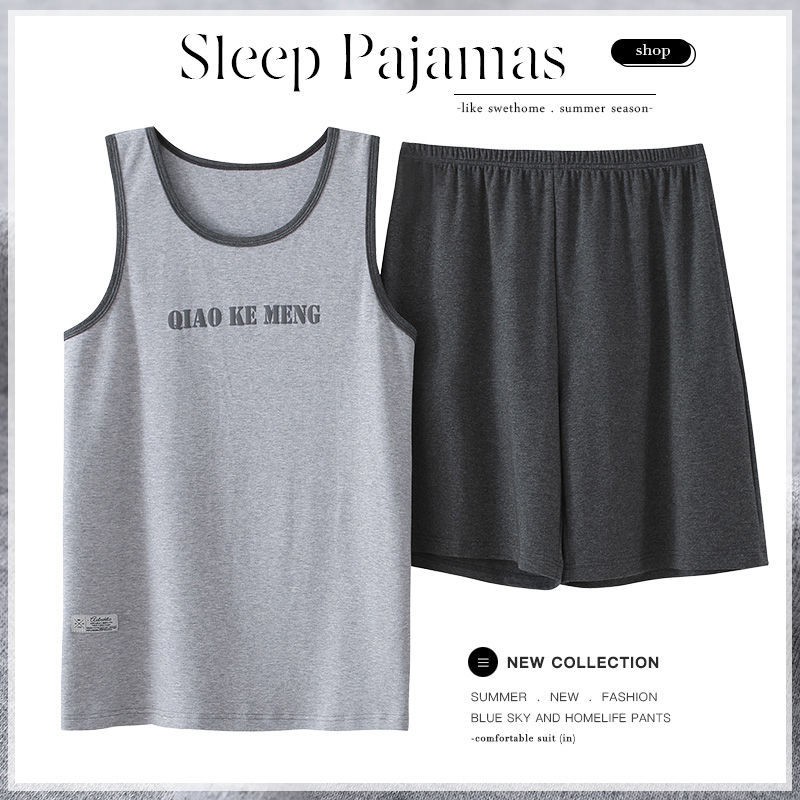 pyjama nam vest cotton cộc tay quần đùi mặc nhà ngày phục vụ bố bộ đồ trung niên mỏngPP