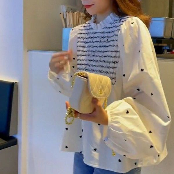 Áo Sơ Mi Tay Phồng Xếp Ly Dáng Rộng In Họa Tiết Trái Tim Xinh Xắn Thời Trang Cho Nữ