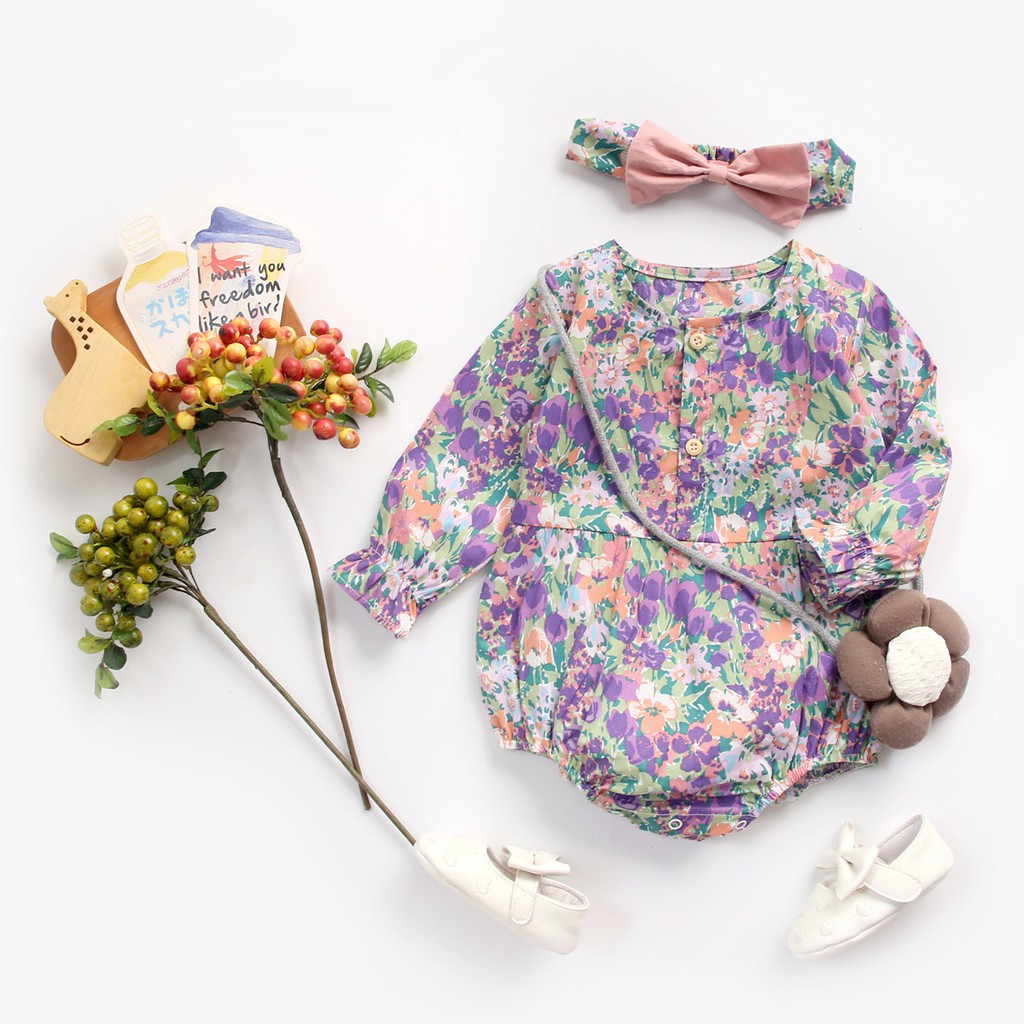 Áo liền quần SANLUTOZ vải cotton in hoa + băng đô buộc đầu thời trang cho bé gái