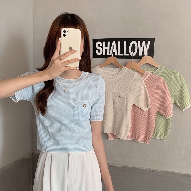 Áo dệt kim tay ngắn thời trang xuân hè 4 màu tùy chọn cho nữ