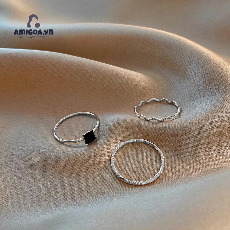 ✨✨Nhẫn Ba Mảnh Đính Đá Zircon Hình Vuông Nhỏ Đơn Giản Chất Lượng Cao Thiết Kế Niche Cho Nữ