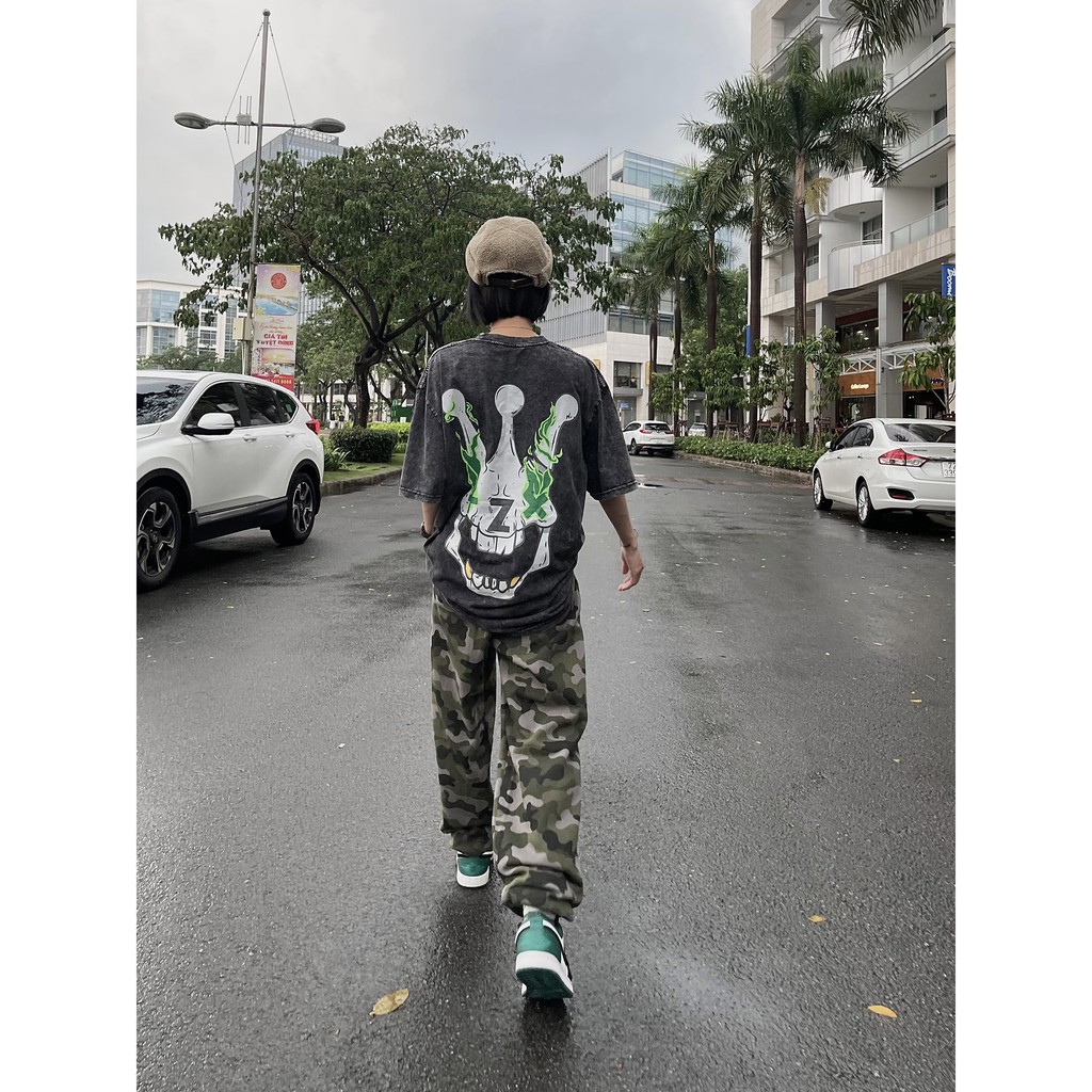 [FULLTAG CHÍNH HÃNG] Áo thun tay lỡ unisex Clownz Flamy Skull Washed T-Shirt (xương xám) form rộng, chất cotton | BigBuy360 - bigbuy360.vn