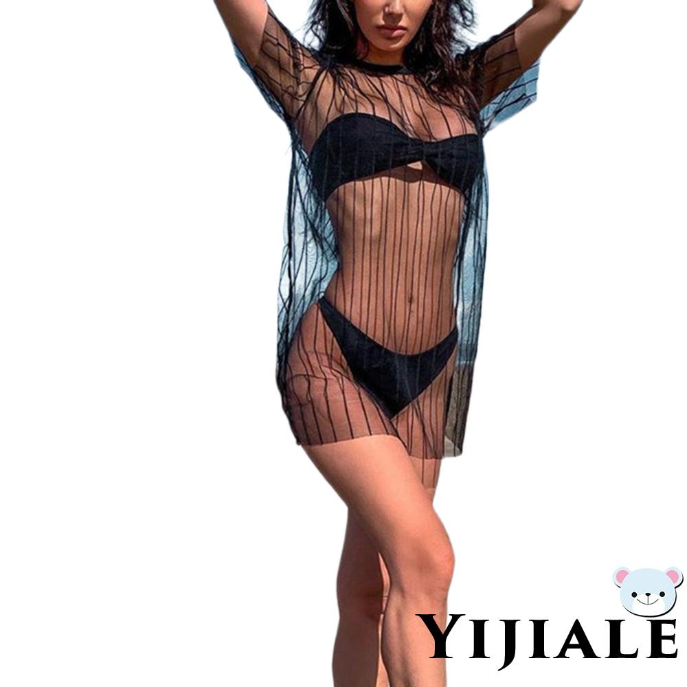 Áo Lưới Xuyên Thấu Tay Ngắn Cổ Tròn Họa Tiết Kẻ Sọc Thời Trang Đi Biển Cho Nữ | BigBuy360 - bigbuy360.vn