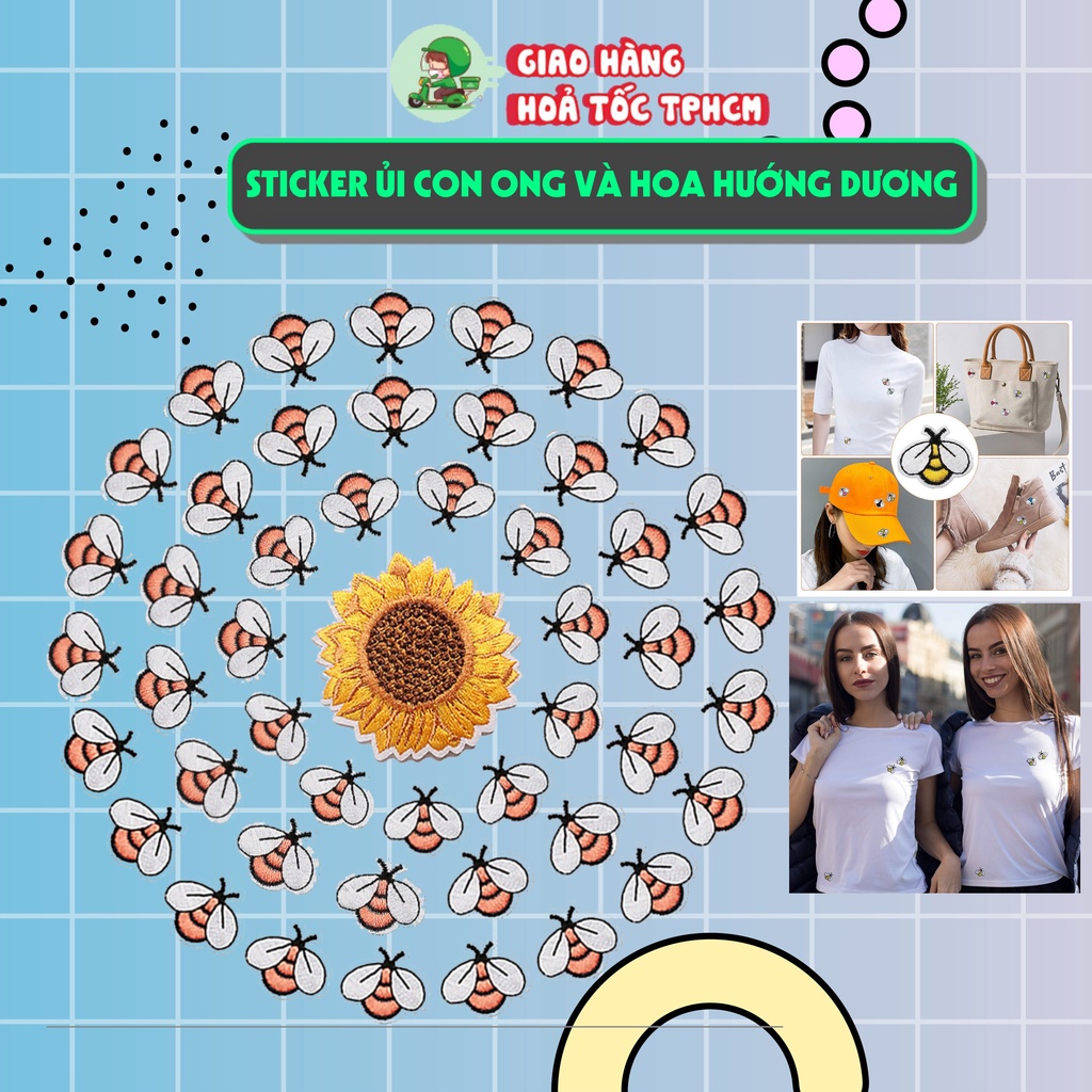 Sticker vải hoặc ủi quần áo ,Patch,Logo ủi nhiệt, hình ép nhiệt chủ đề ONG VÀ HOA HƯỚNG DƯƠNG sáng tạo thiết kế quần áo