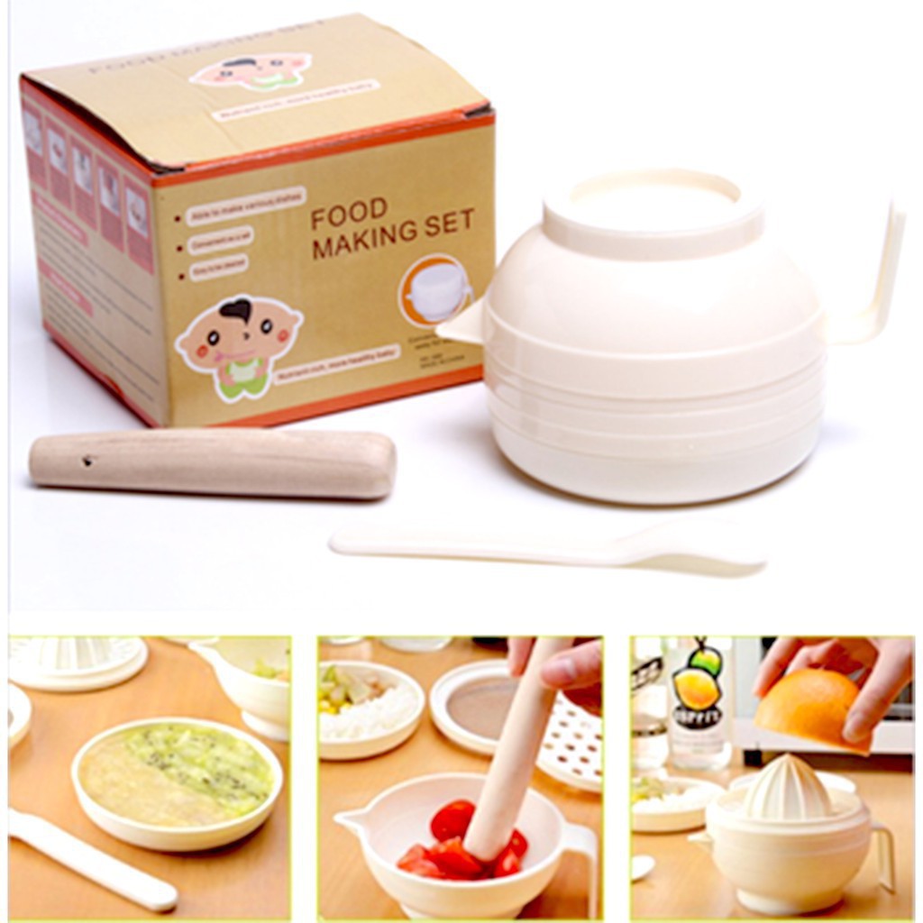 Bộ Chế Biến Đồ Tập Ăn Dặm Cho Bé Sơ Sinh 7 Món Có Rây, thìa, chén, chày  gỗ BABY FOOD MAKER