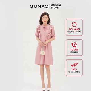 Đầm suông nữ phối bèo vai GUMAC thiết kế dễ thương màu hồng DB308