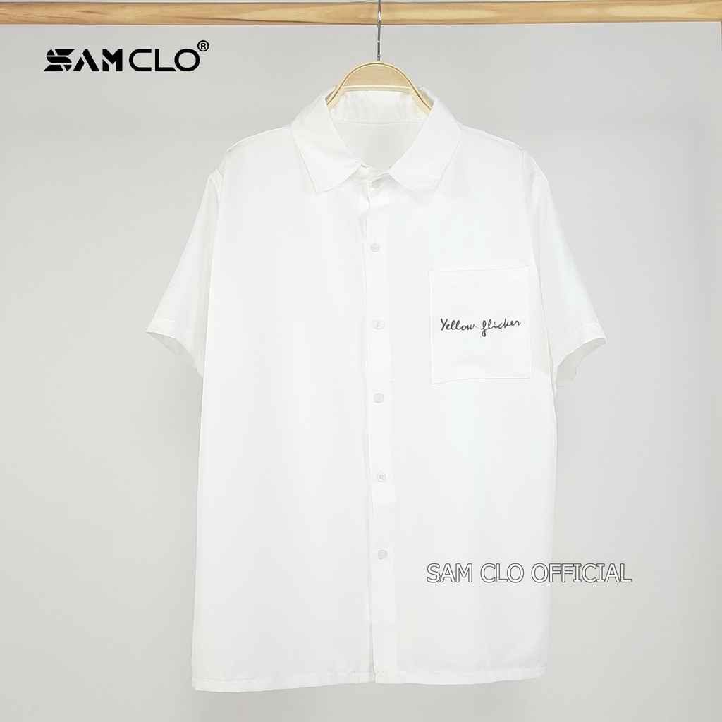 Áo sơ mi nữ cổ bẻ tay lỡ có túi phong cách ulzzang freesize form rộng dáng unisex chữ THÊU yellow flicker