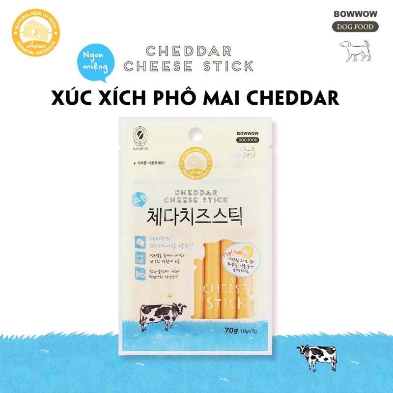 Xúc Xích Phô Mai Mozzarella, Cheddar Cao Cấp Cho Chó Bowwow 70g