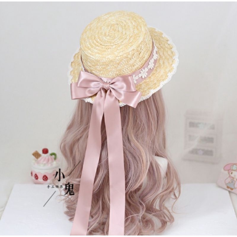 Mũ Cói Đính Nơ Viền Ren Phong Cách Lolita