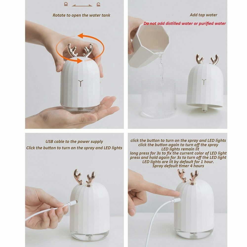 New Deer Bunny USB Máy tạo độ ẩm USB Nhà sống với đèn ngủ Xe hơi ẩm Máy khuếch tán mùi hương