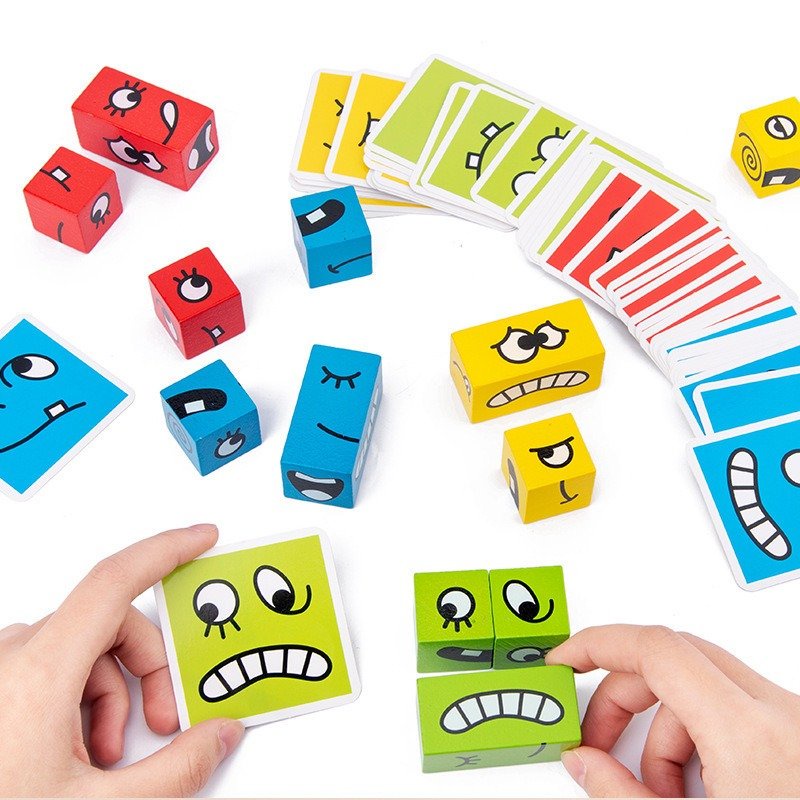 Ghép hình lập phương cảm xúc, đồ chơi gỗ mặt cảm xúc cho bé giúp con phát triển tư duy