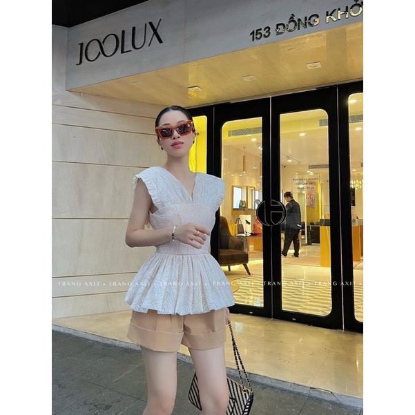 SET ÁO XÔ TAY TIÊN PEPLUM BÈO + QUẦN SHORT NÂU