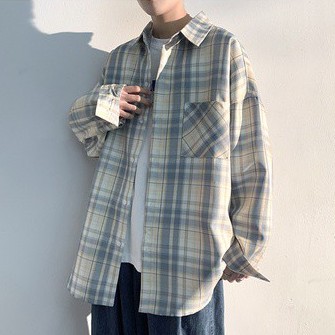 Áo sơ mi khoác ngoài tay dài dáng rộng kẻ ca-rô trẻ trung hợp thời trang cho nam