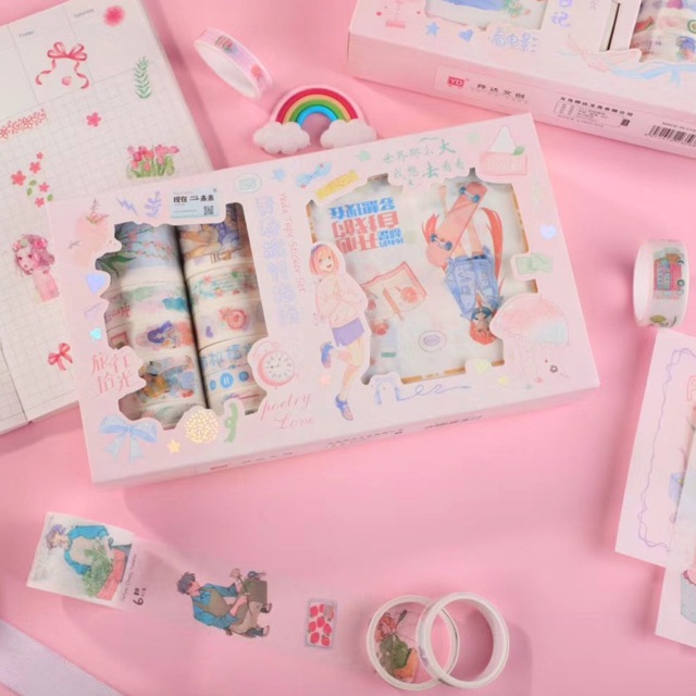 Hộp 10 cuộn washi tape kèm 10 tờ stickers scrapbook, planner, bullet journal