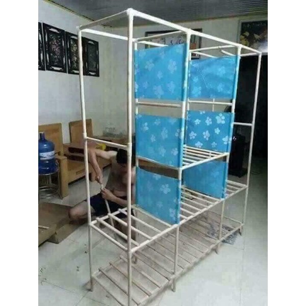 Tủ Vải Khung Gỗ 3 Buồng 8 Ngăn