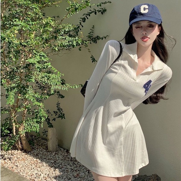 Váy Polo Nữ Thêu Số 45 Chất Thun Tăm Đầm Xoè Cổ Bẻ Sơ Mi Dáng Bassic Sexy Hàn Quốc | BigBuy360 - bigbuy360.vn