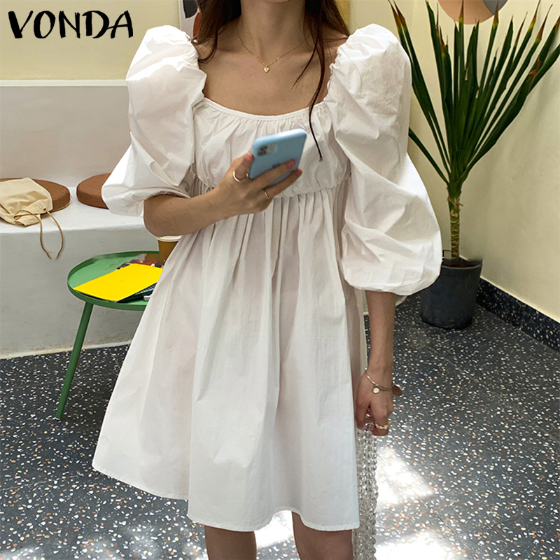 VONDA Women Korean Summer 3/4 Puff Sleeve U Neckline Loose Pleated Tunic Dress | BigBuy360 - bigbuy360.vn