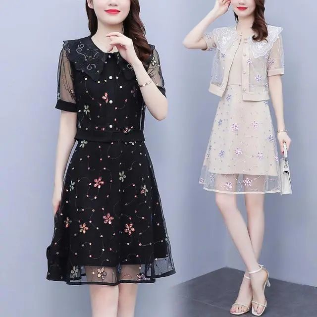 Large size women's wear 2022 new summer fat mm belly cover lace short-sleeved mesh stitching two-piece dress
