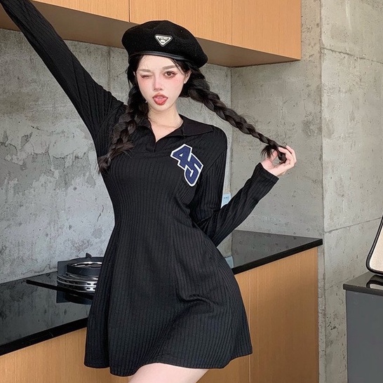 Váy Thun Tăm Polo Dài Tay Đầm Xoè Cổ Sơ Mi Thêu Số 45 Dáng Bassic Sexy Hàn Quốc | BigBuy360 - bigbuy360.vn