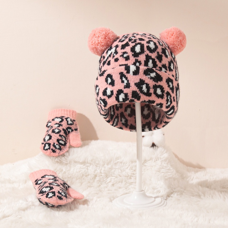 Bộ Găng Tay Và Mũ Len Jacquard In Họa Tiết Da Báo / Hổ Đính Hai Quả Bông Thời Trang Thu Đông Cho Bé