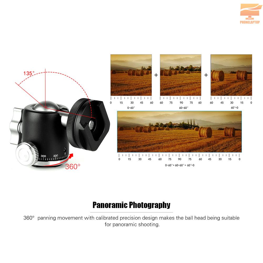 Multi-function Aluminum Alloy Mini Ballhead Ball Head 360° Panorama Head with Hot Shoe Base Mount 1/4 Inch Screw for Camera DSLR Video Light Microphone