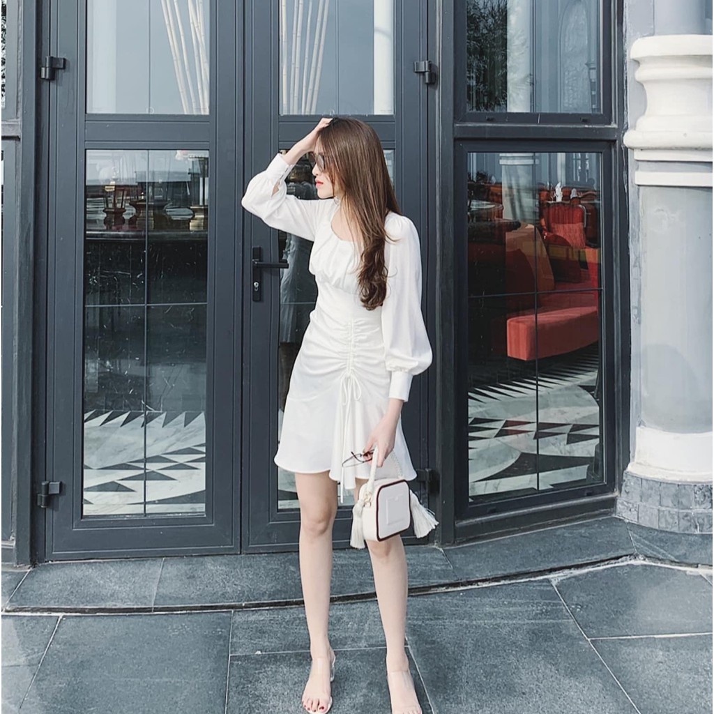 Đầm dây Rút Cổ Vuông Tay Dài Tay Nút Bo
