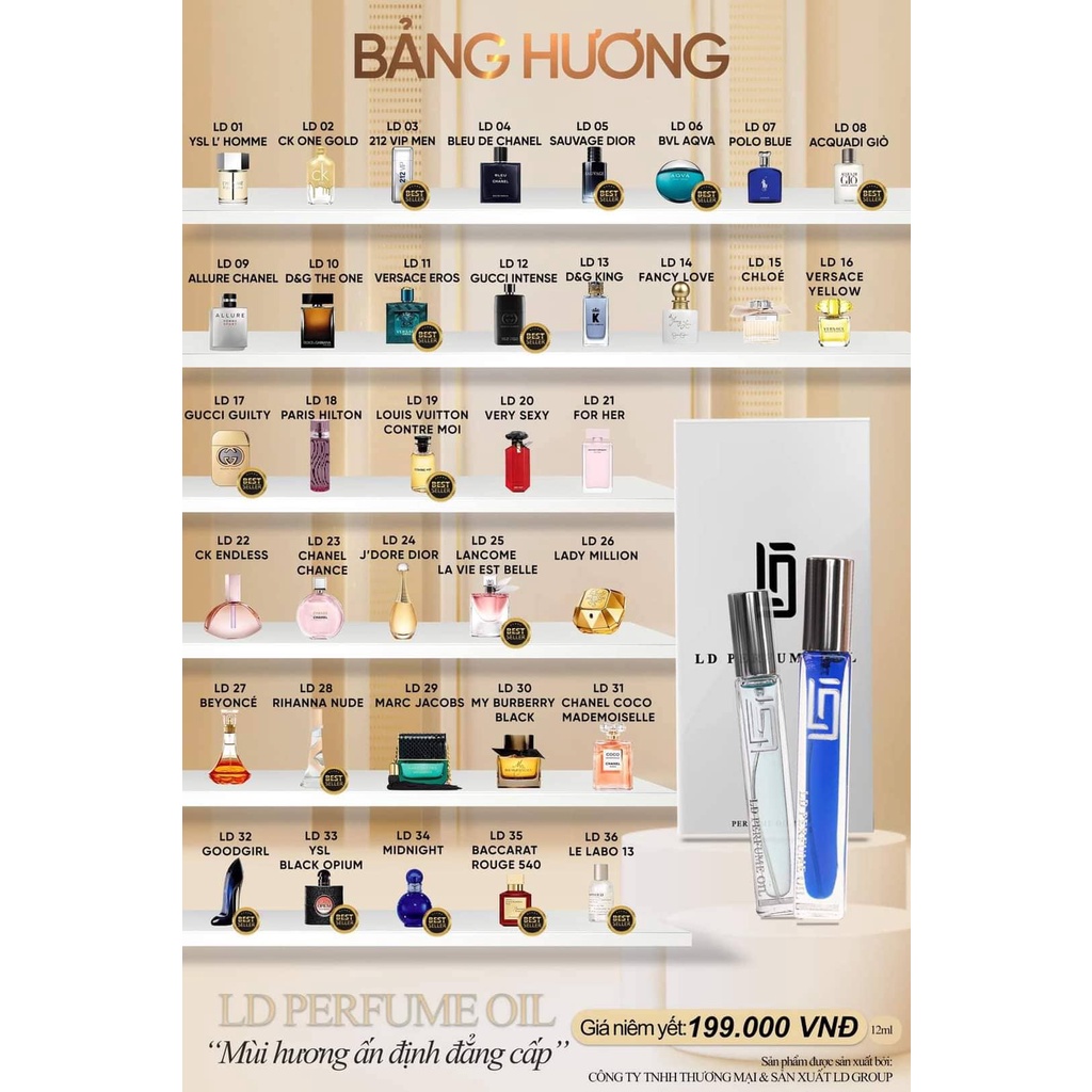 36 Mùi Hương Nước hoa Pháp LD PERFUME OIL 12ml - Tinh dầu nước hoa GIÁ SINH VIÊN dành cho cả Nam Nữ