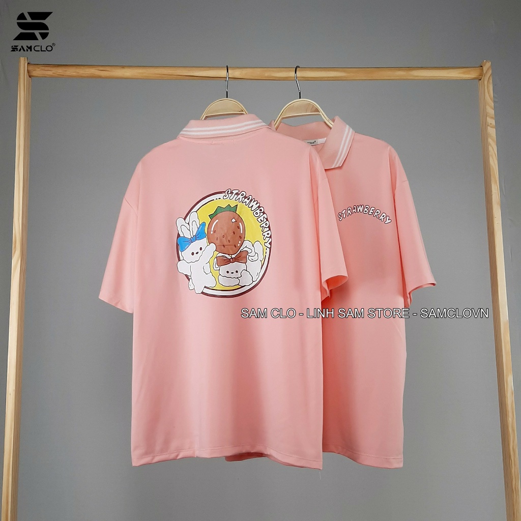 Áo thun Polo nữ tay lỡ form rộng SAM CLO phông freesize unisex mặc đi học, nhóm, lớp in hình thỏ trắng chữ STRAWBERRY