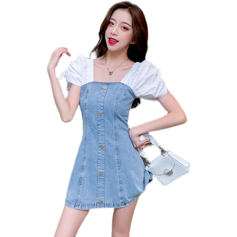 Đầm Denim Tay Ngắn Dáng Chữ A Hở Vai Quyến Rũ Hợp Thời Trang